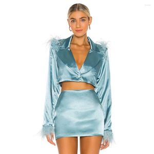 Two Piece Dress European And America Women's Clothing Long-sleeved Feather Design Short Blue Satin Small Suit Female Fashion Mini Slim Skirt