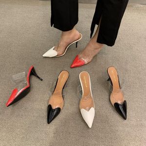 Slippers Patent Leather PVC Pumps Stiletto Sandals Pointed Toe Straps Heart Detailing at the Toes High Heel Wedding Shoes