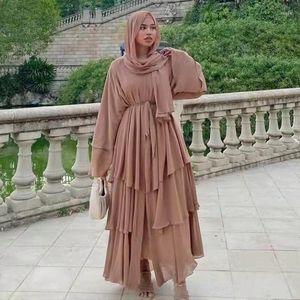 Roupas étnicas 2 pcs / conjunto muçulmano aberto abaya vestido com cinto mulheres chiffon cardigan solto de três camadas emenda caftan hijabs lenço vestidos