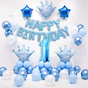 1 Set Blue Pink Crown Birthday Balloons Helium Number Foil Balloon för Baby Boy Girl 1st Birthday Party Decorations Kids Dusch
