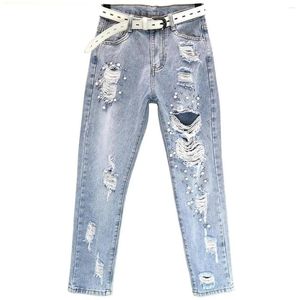 Kadınlar Kot ağır endüstri çivilenmiş boncuklu kırık delik kadınlar bahar/yaz moda dilenci yıkanmış gündelik denim ayak bileği uzunluğu pantolon