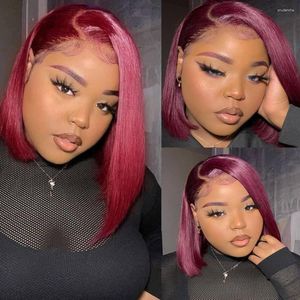 99j Human Hair Bob Wig 13x4 Lace Front Wigs Natural Hairline With Baby Burgundy Red Short Cut