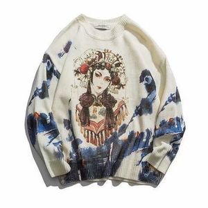 Erkek Sweaters Sonbahar Çin tarzı baskılı boyalı kazak süveteri gevşek retro ulusal pekin opera üst çift unisex jumper sokak kıyafetleri 230828