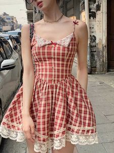 Xadrez vermelha França Vintage Dres Bow Lace Kawaii Elegante Festa Mini Vestido Coreano Doce Praia Strap Feminino Verão 230808