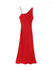 Casual Dresses Summer Women's Red Slim Fit Satin Silk Long Dress Asymmetric Show Thin Skirt Sleeveless Strap