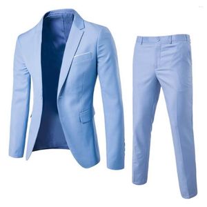 Erkekler takım 1 set şık resmi takım elbise ince dokunmatik cilt dokunuşu ceket pantolonlar saf renk tek düğme