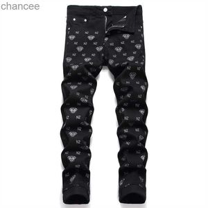 Black Men's Digital Print Cotton Jeans Mid-Waist Casual Hip Hop Pants Street Bike Fashion Clothing HKD230829