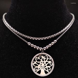 Kedjor Pentagram Tree of Life Crystal rostfritt stål halsband Kvinnor Silverfärgade skiktade halsband smycken Arbol de la Vida N59S08