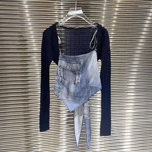 Tanques femininos prepomp 2023 coleção de verão denim impressão camisola de malha xale geral conjunto de duas peças feminino 724