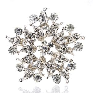 2 Inch Rhodium Silver Plating Rhinestone Crystal Diamante Leaf Flower Round Shaped Brooch