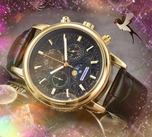 Popular Mens Moon Star Skeleton Dial Watches Stopwatch Leather Belt Clock Quartz Movement Chronograph Engraved Flowers Case all the crime Watch montre de luxe Gifts