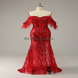 Paillettes rouges paillettes robe de soirée sexy sirène plume robe de bal avec fente élégante formelle femmes fête d'anniversaire porter des diplômes Occasio Pageant robe 2023