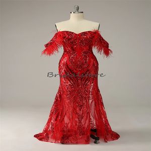 Glitter Red Sequins Evening Dress Sexy Mermaid Feather Prom Dress With Slit Elegant Formal Women Birthday Party Wear Graduations Occasio Pageant Gown 2023