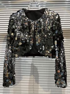 Giacche da donna 2023 Autunno Argento Cappotto di paillettes per le donne Strada sfumata Grandi paillettes Trapano Fibbia Spalla imbottita Corto lucido Y2k Top