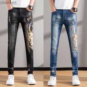 Högkvalitativa män Slim Fit Stretch Denim Pants Street Fashion Chinese Dragon Embroidery Jeans Trendy Sexy Casual Jeans Pants; HKD230829