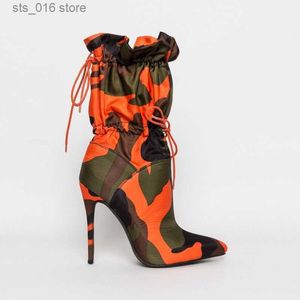 Spring High Heels 2022 Pointed Toe Mid Calf Boots for Women Fashion Camouflage Print Stiletto Lace Up Women's Shoes Bota 9910 's