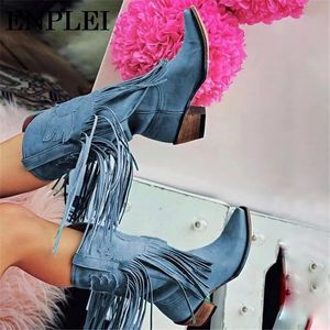 Boots XPAY Women Motorcycle Fringed Cowboy Shoes Spring Autumn Tassel Low Heel Gladiator Style Size 3443 230829