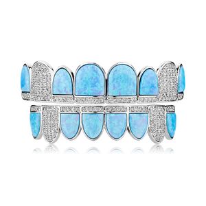 Andere Hip Hop Opal Naturstein Inlay Bling Iced Out CZ Oben Unten Flache Zähne Grillzs Für Männer Rapper Schmuck Geschenk Party