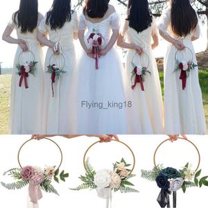 Yannew Bridesmaid Gold Hoop Bouquet for Wedding Bridal Shower Ceremony Artificial Rose Flower Wreath Front Door Wall Decor HKD230829