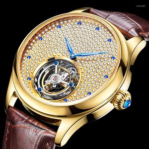 Armbandsur Aesop Real Tourbillon Mechanical Hand Wind Sapphire Mens Watches Rhinestone Clock Men Gold Relogio Masculino a