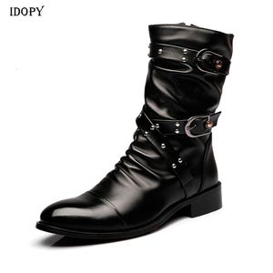 Stiefel Idopy Herbst Gothic Männer Spitzschuh Bühne Leistung Kunstleder Männlich Punk High Heels Schuhe Schnalle Booties 230829