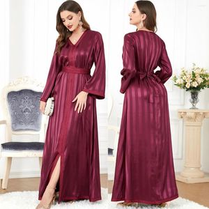 Etniska kläder Muslin Evening Dress V-hals Ramadan Long Sleeves Kaftan Caftan Marockan Dubai Turkiet Abaya för bröllop Elegant kvinna