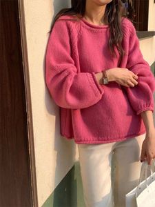 Kvinnors tröjor o Neck Pullover Knit Rose Pink Long Sleeve Top Fashion Sweater Orange Yellow Autumn Loose For Women 2023 230829