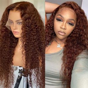Chocolate Brown Water Wave 13x4 Frontal Wig Brazilian Curly Human Hair Transparent Colored Lace Front Wigs for Women Pre Plucked