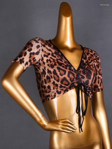 Bühne tragen Leopard Samba Standard Tänze Frau Tops Latin Kleidung Kordelzug Tanz Bauch Kostüm Top Kurzarm Sport T-shirt