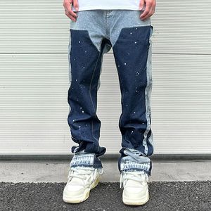 Erkekler kot sokak giysisi benekli mürekkep renk eşleşmesi y2k bol jeans erkekler için patchwork rage fringe mikro denim pantolonlar büyük boy gevşek kargolar 230828