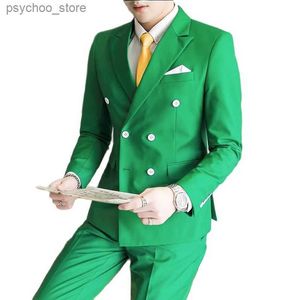 (Blazer + Pant) Men Pure Color Double Breasted Suit Gentlemen's Business Social Wedding Party Dress Homme Slim Fit Clothes Q230828