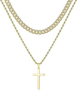 Layered Cross Necklace Chain for Men Gold Black Silver Chains Cuban Twist Rhinestone Cross Necklaces Chains Stainless Steel Chunky Choker Link Chain 14K Golden Plat