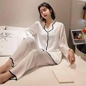 Mulheres sleepwear branco solto pijama conjunto mulheres cetim 2pcs primavera sono terno manga longa camisacalças femininas pijamas casuais