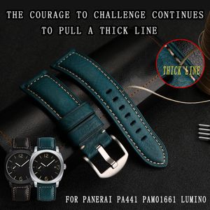 Titta på band för PA441 PAM01661 Lumino Watch Strap med förtjockad italiensk Cowhide WatchBands Vintage Blue Watch Band Male Armband 24 230828