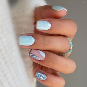 False Nails Short Round Sky Blue Glitter French Fake DIY Manicure Salon Full Cover Faux Fingernails Nail Tips 24Pcs