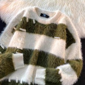 Kvinnors tröjor Hikigawa Kontrast Färg Striped Women Men O Neck Long Sleeve Pullovers alla matchar söta lösa grunge hoppare