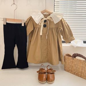Jackets 4455D Children's Flare Pants Coat Long Jacket Spring 2023 Korean Girls Windbreaker Lotus Collar Doll Shirt Outerwear