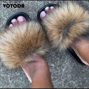 Mulheres Hot Raccoon Summer Slippers Fluffy Real Fox Slides