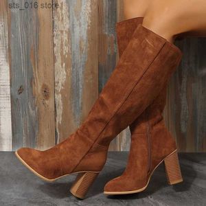 Boots Boots Women Cowboy Heels Western Chunky Shoes Leather Knee High Long Elegant Designer Plus Size New Rock Pole Dance Brown T230829