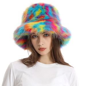 Breite Krempe Hüte Eimer Hüte Y2k Mode Winter Regenbogen Farbe Kunstpelz Eimer Hut Frauen Party Flauschig Verdickt Weich Warm Panama Dame Outdoor Urlaub Hut 230828