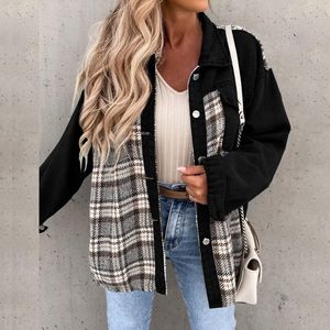 Women's Jackets Fashion Women's Denim Jacket Long Sleeve Plaid Button Down Shirts Shacket Jacket Women Oversized Jean Jacket 230828