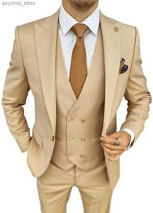 Män kostymer 3 stycken Slim Fit Business Suits Groom Champagne Noble Grey White Tuxedos för formell bröllopsdräkt (Blazer+Pants+Vest) Q230828