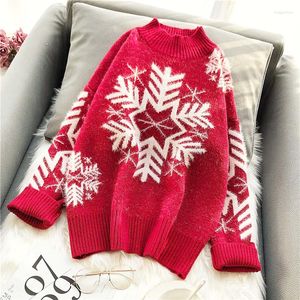 Kobiety swetry Chrismas Snowflake Red Knitted Women Turtleeck Flare Mleved Grustne ciepłe dama