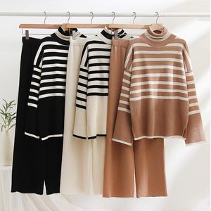 Calças femininas de duas peças Stripe Knit Set Mulheres Soltas Calças de Perna Larga e Manga Longa Camisola Outfit Moda Inverno Elegante Casual