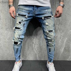 Novos homens rasgados jeans pintados de preto retalhos remendo mendigo calças de rua jeans hip hop motociclista magro lápis calças S-3XL hkd230829