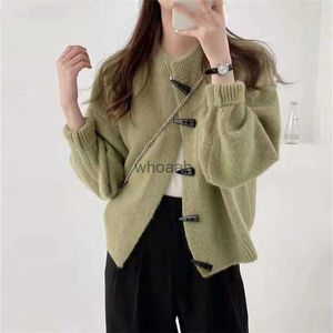 Verde bege chifre botão cardigan camisola feminina 2023 outono inverno solto o pescoço de malha blusas femininas cardigans quentes casaco senhora hkd230829