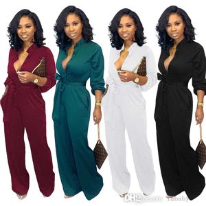 Plus S-3xl Jumpsuits Bodysuit 2023 Autumn Fashion Plain Long Rleeve Deep V Szyja Guzika luźne spodnie impreza klub Rompers Kobiet kombinezonu