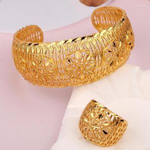 Bangle Copper Plated Gold Flower Ring Set For Women Arabic Dubai Bridal Ethnic Wedding Jewelry Free Size