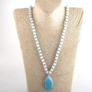 Подвесные ожерелья RH Fashion Bohemian Tribal Dewelry Dewelry Sky Blue Stone Long Knowted Drop for Women Ожерелье