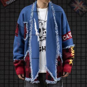 メンズセーターレトロ日本の国立風キャットセーター男性カップルY2Kストリートファッションブランドルース韓国トレンドカーディガンセーターコートトップ230829